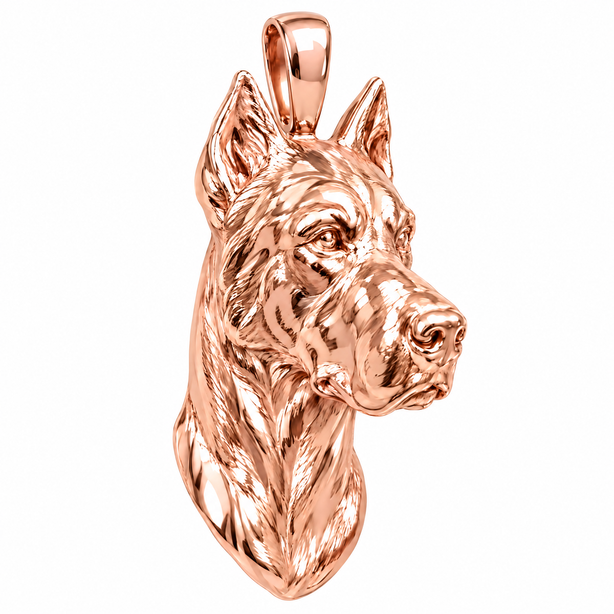 Great Dane high-polish rose gold dog pendant, product render on white.