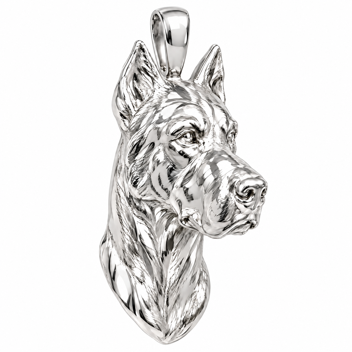 Great Dane high-polish white gold dog pendant, product render on white.
