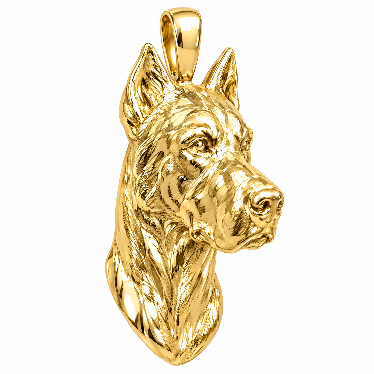 Great Dane high-polish yellow gold dog pendant, product render on white.
