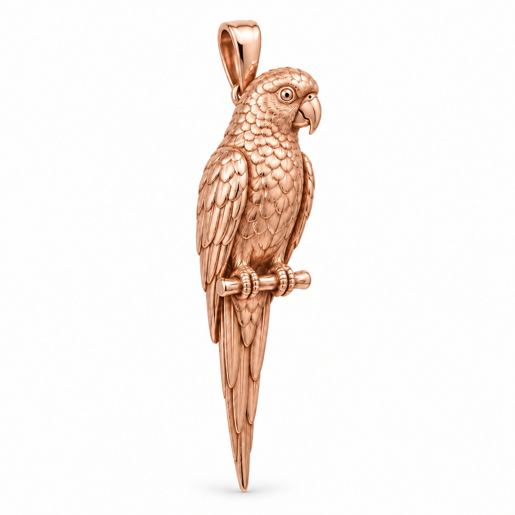 Green-cheeked conure species pendant design render in high-polish rose gold on white; pendant only.