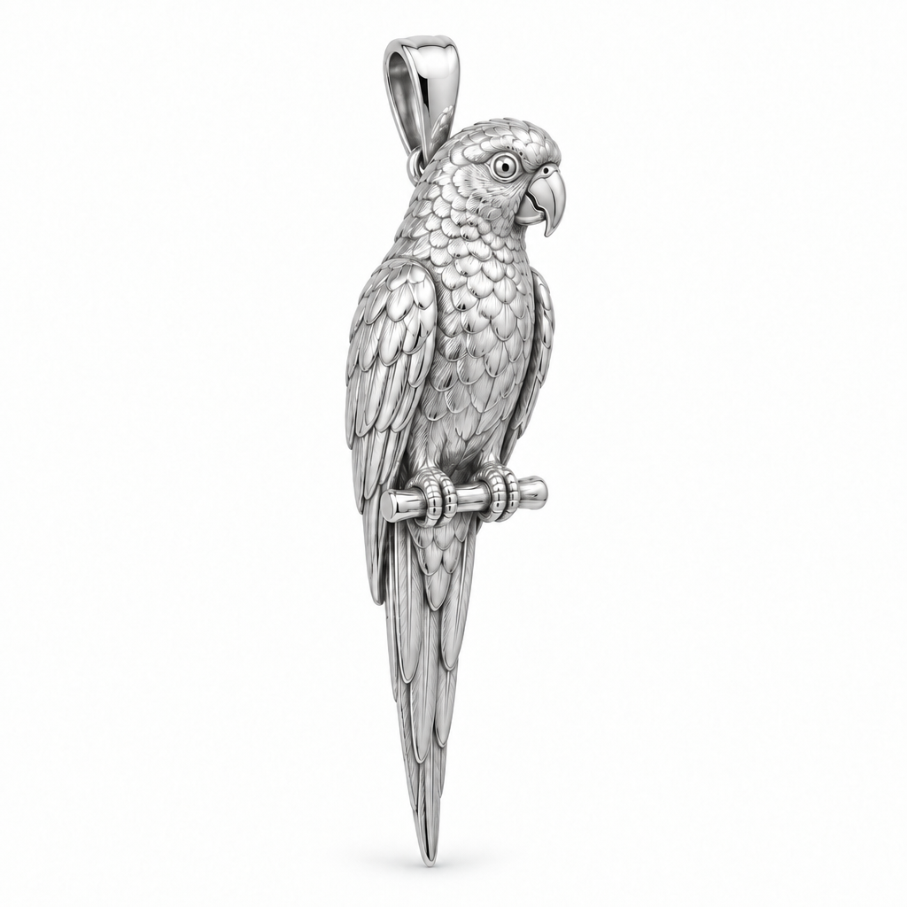 Green-cheeked conure species pendant design render in high-polish white gold on white; pendant only.