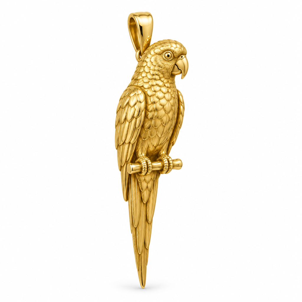 Green-cheeked conure species pendant design render in high-polish yellow gold on white; pendant only.