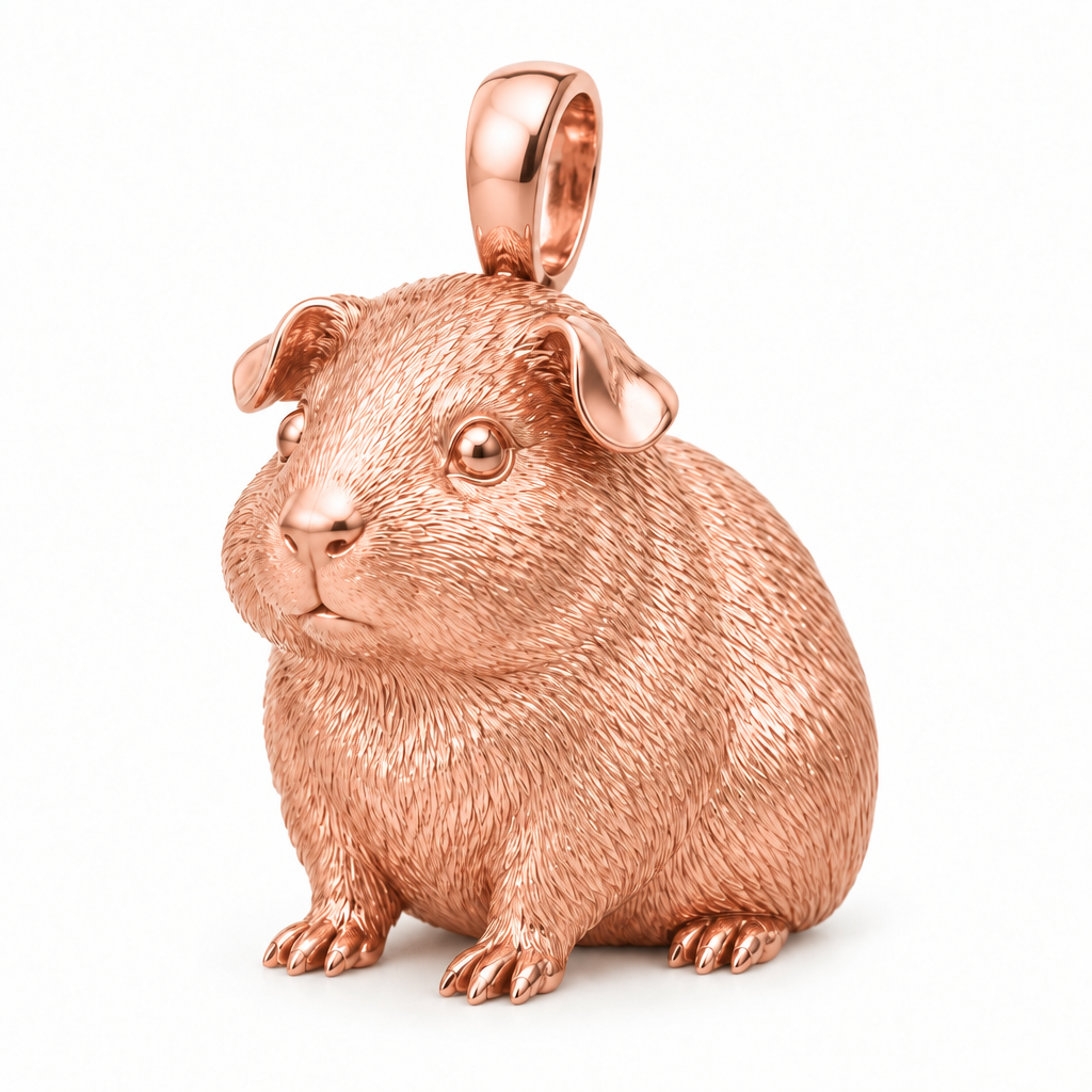 Guinea pig pendant design render in high-polish rose gold on white; pendant only.