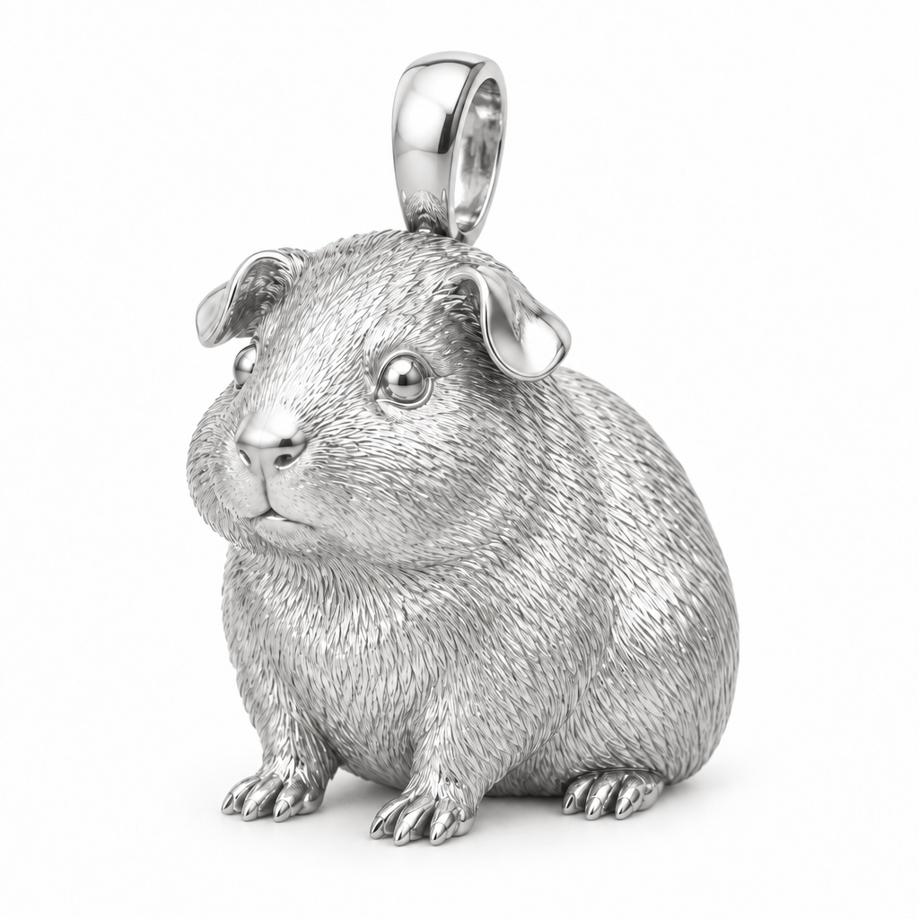 Guinea pig pendant design render in high-polish white gold on white; pendant only.