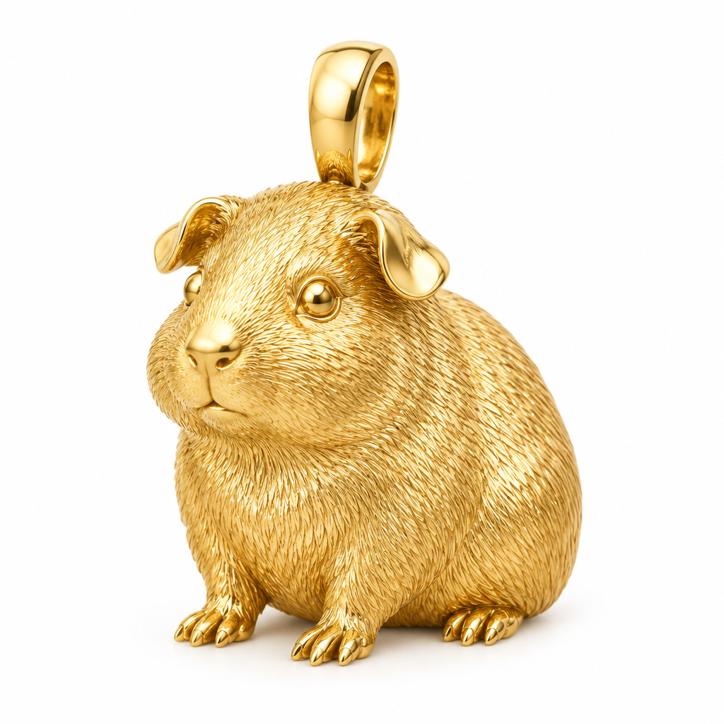 Guinea pig pendant design render in high-polish yellow gold on white; pendant only.