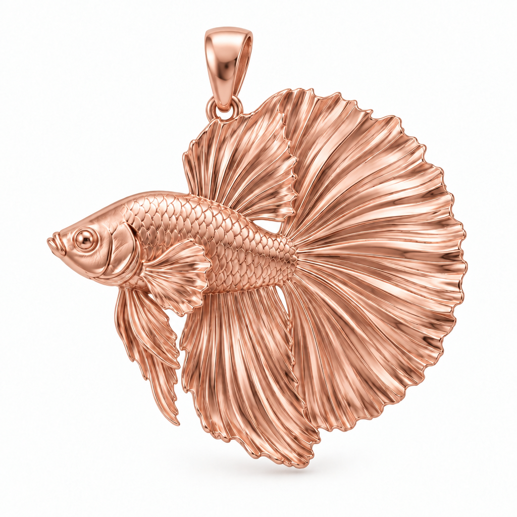 Halfmoon betta pendant design render in high-polish rose gold on white; pendant only.