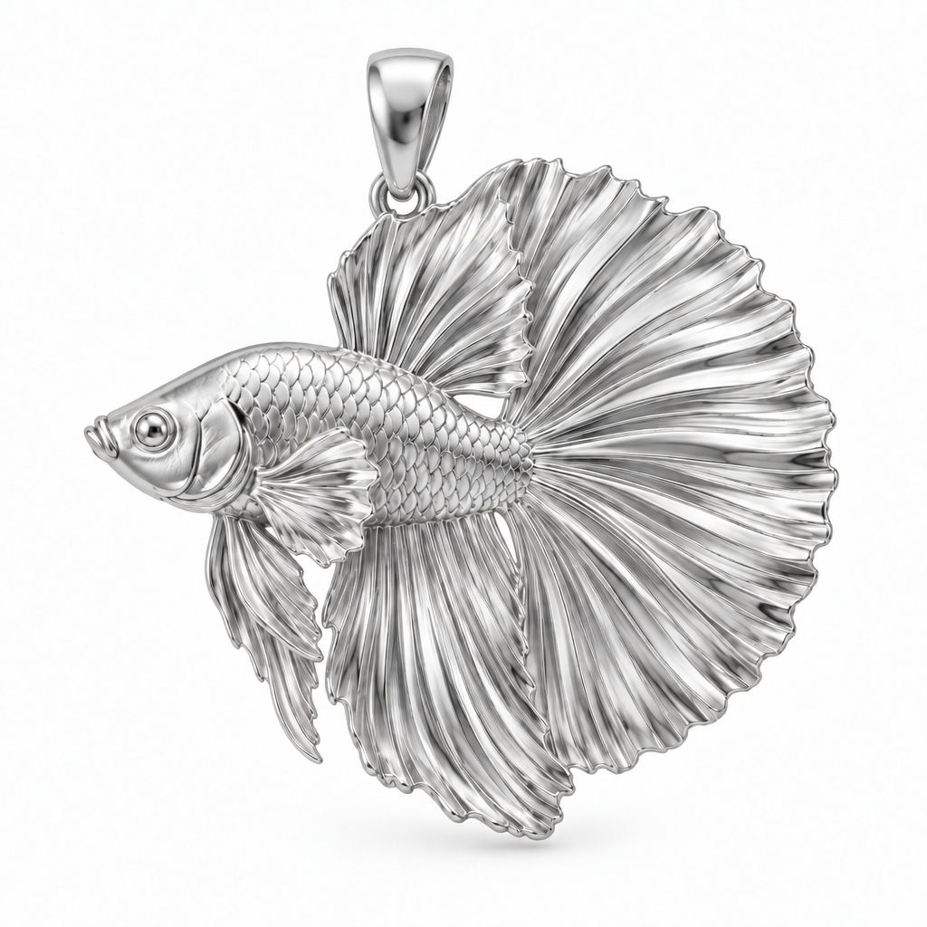 Halfmoon betta pendant design render in high-polish white gold on white; pendant only.