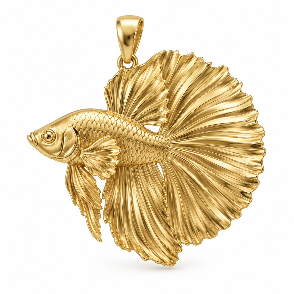 Halfmoon betta pendant design render in polished yellow gold; pendant only.