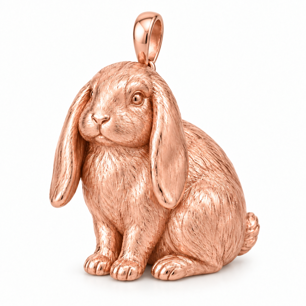 Holland lop rabbit pendant design render in high-polish rose gold on white; pendant only.