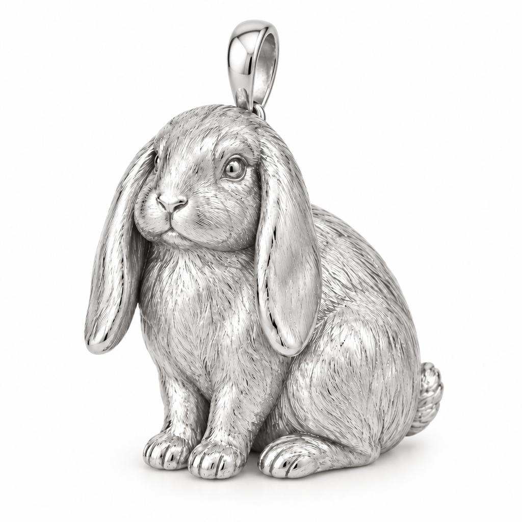 Holland lop rabbit pendant design render in high-polish white gold on white; pendant only.