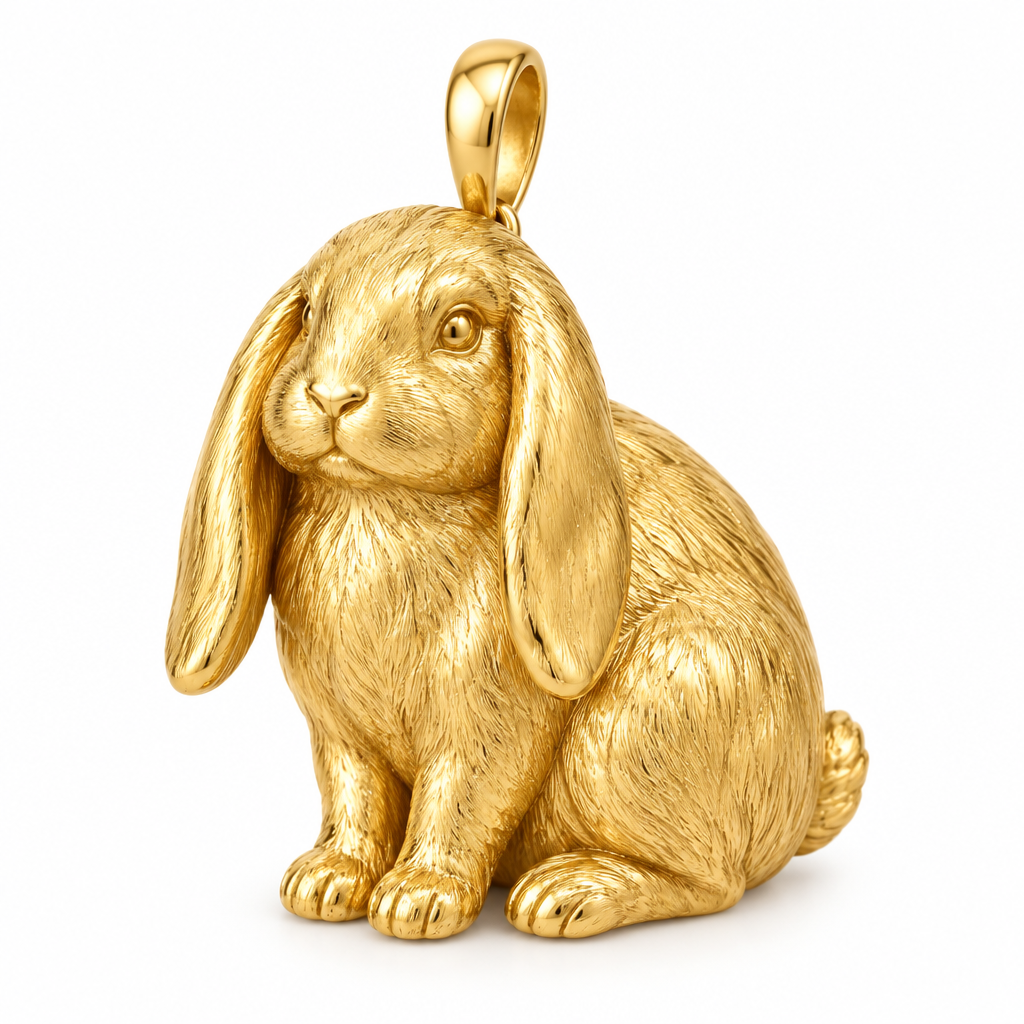 Holland lop rabbit pendant design render in polished yellow gold; pendant only.