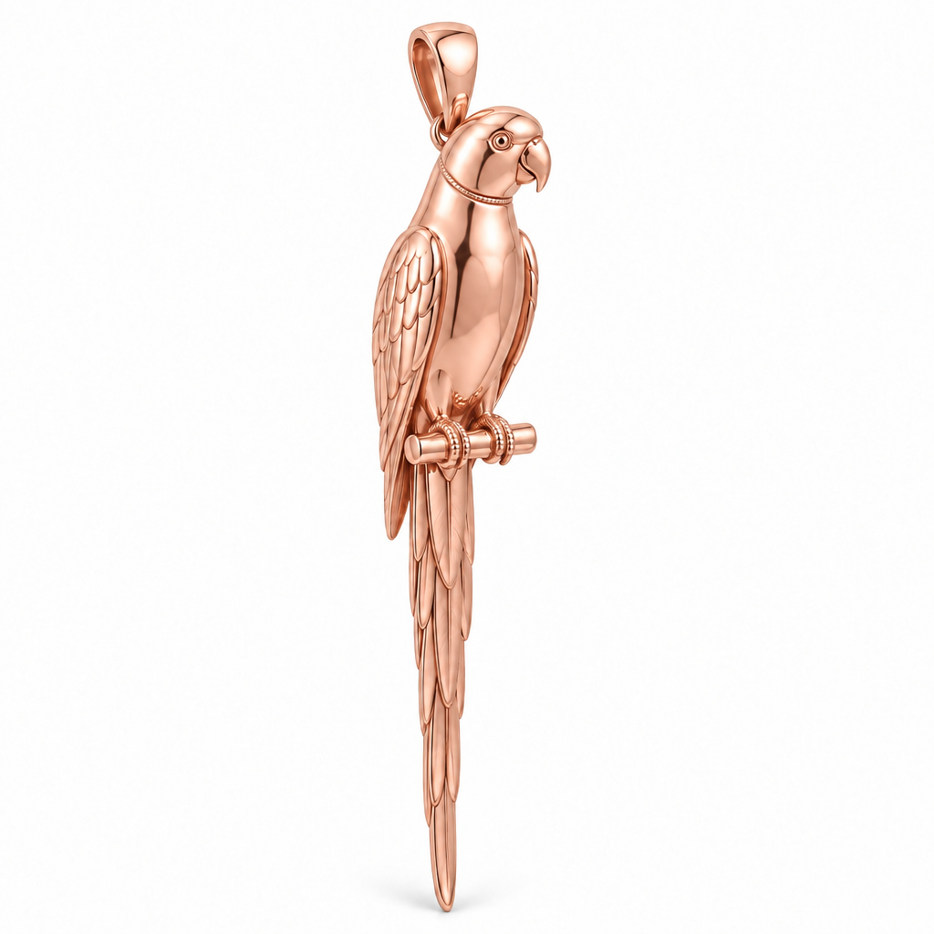 Indian ringneck parakeet pendant design render in high-polish rose gold on white; pendant only.