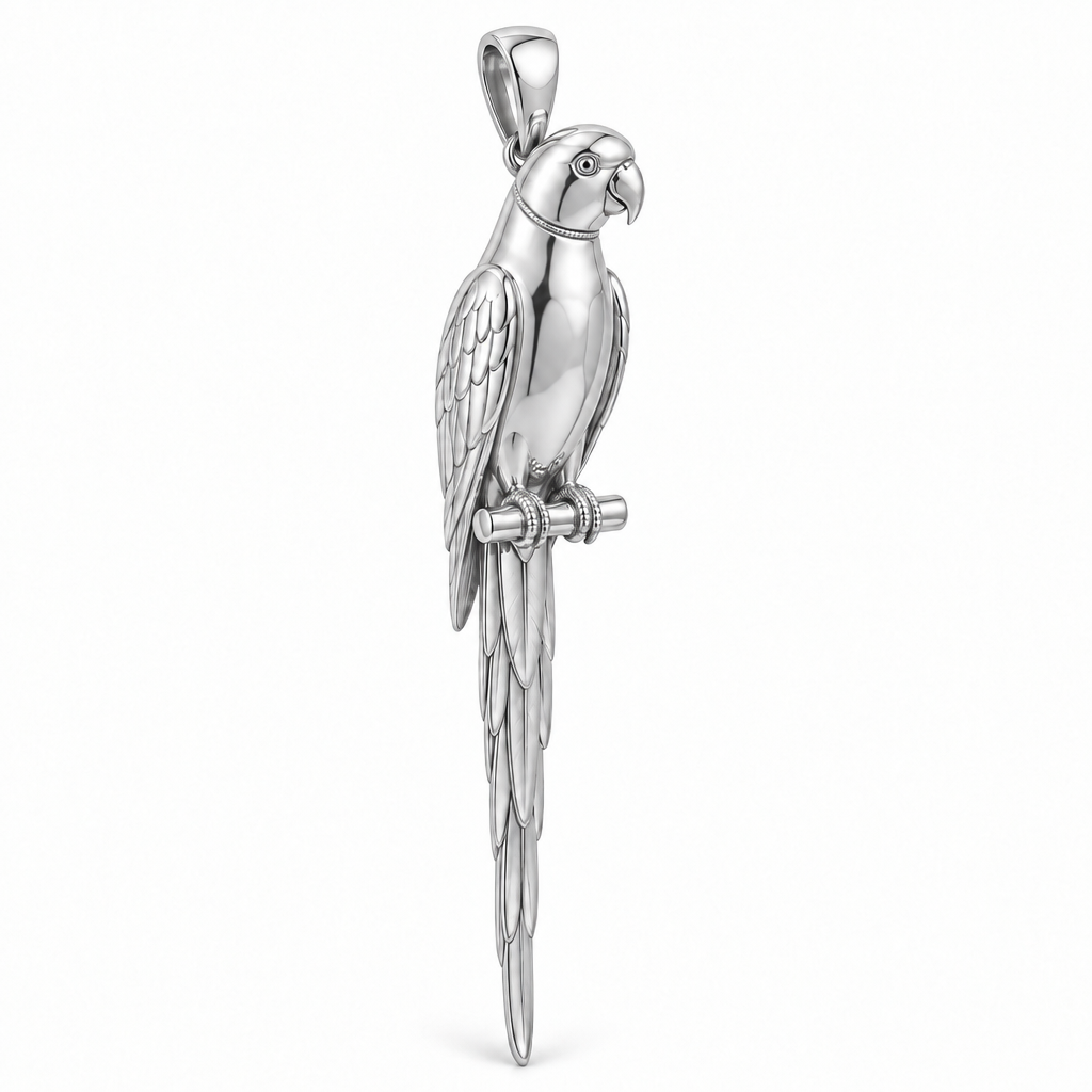 Indian ringneck parakeet pendant design render in high-polish white gold on white; pendant only.