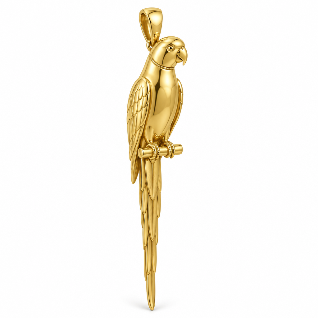 Indian ringneck parakeet pendant design render in high-polish yellow gold on white; pendant only.