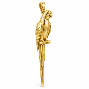 Indian ringneck parakeet pendant design render in high-polish yellow gold on white; pendant only.