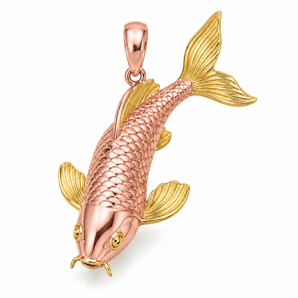 Koi carp pendant design render in high-polish rose gold on white; pendant only.