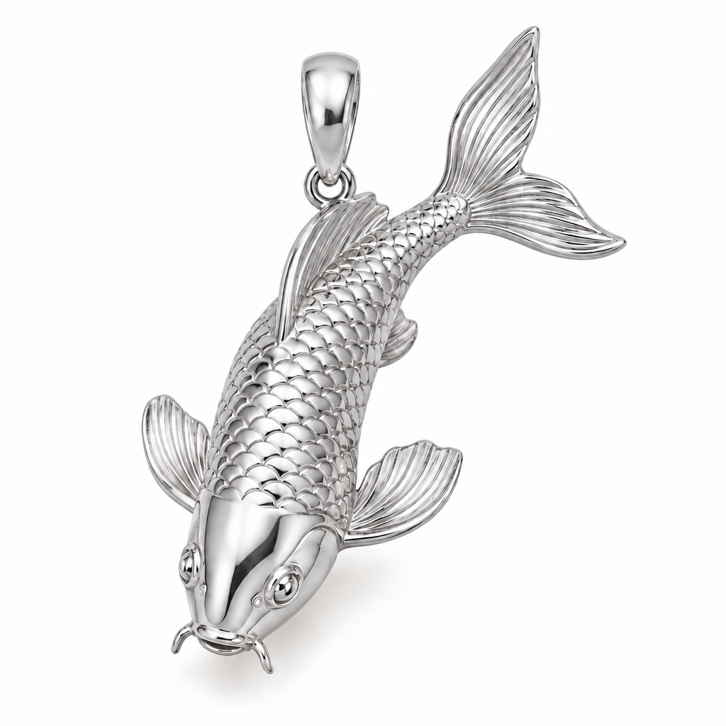 Koi carp pendant design render in high-polish white gold on white; pendant only.