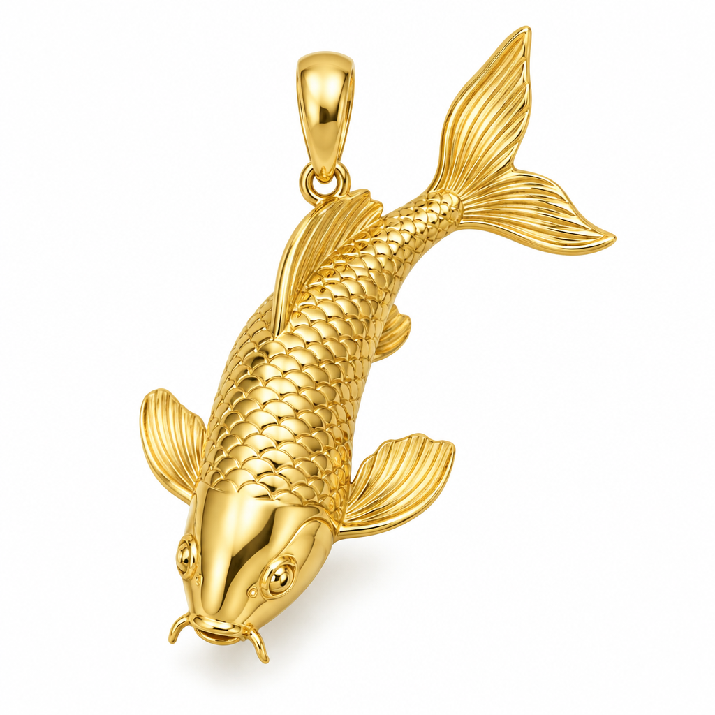 Koi carp pendant design render in polished yellow gold; pendant only.