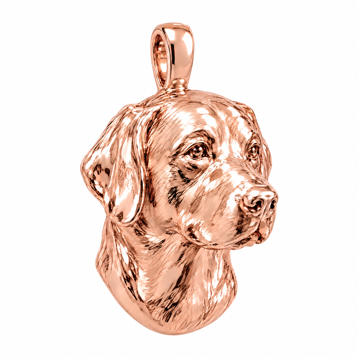Labrador Retriever high-polish rose gold dog pendant, product render on white.