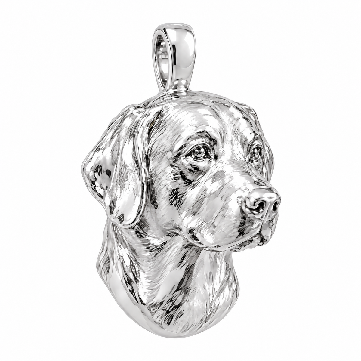 Labrador Retriever high-polish white gold dog pendant, product render on white.