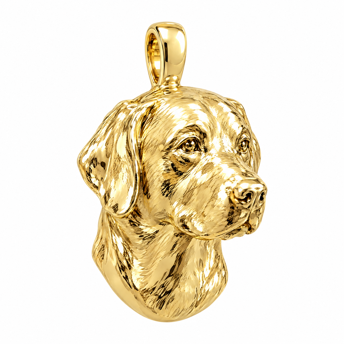 Labrador Retriever high-polish yellow gold dog pendant, product render on white.