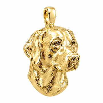 Labrador Retriever high-polish yellow gold dog pendant, product render on white.