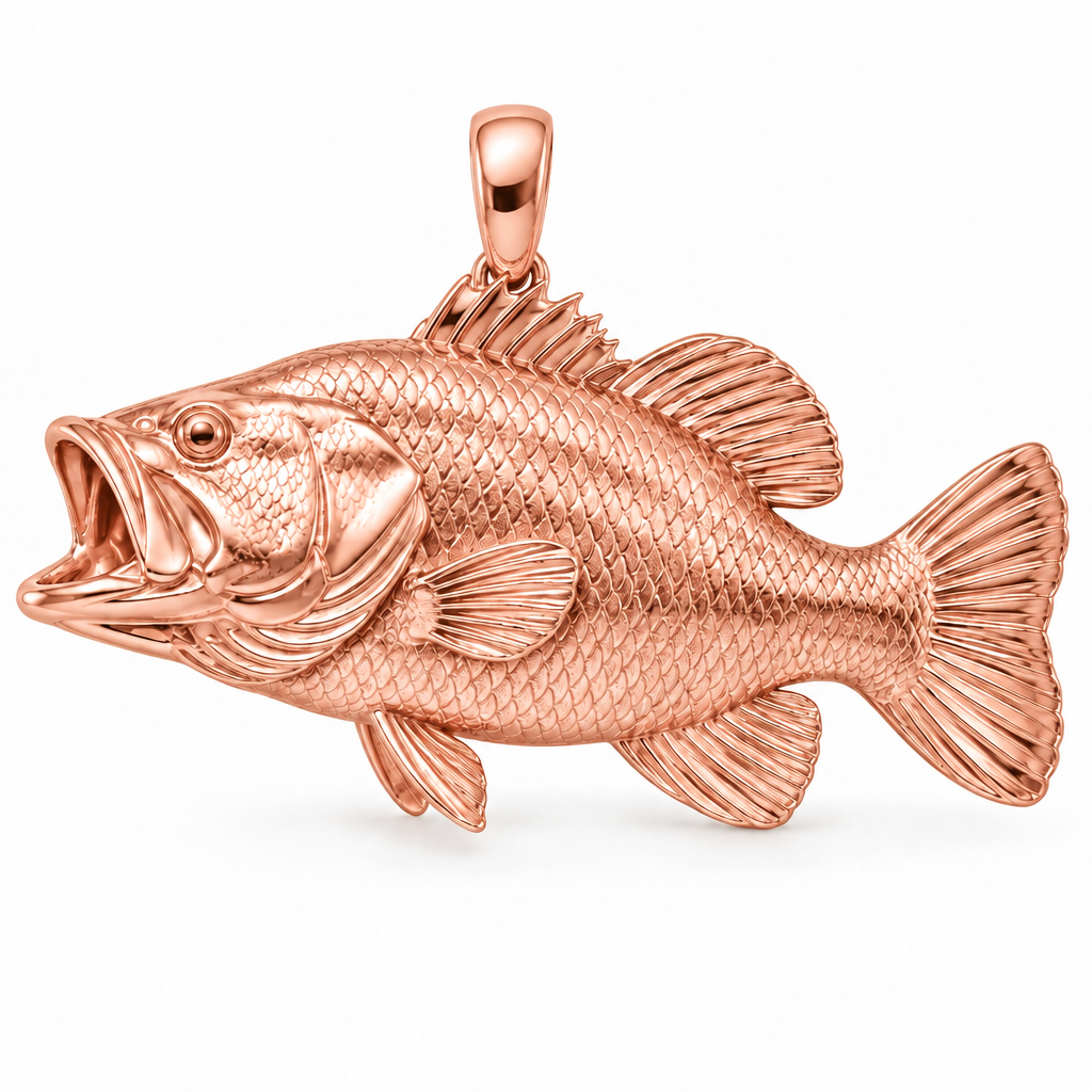 Largemouth bass pendant design render in high-polish rose gold on white; pendant only.