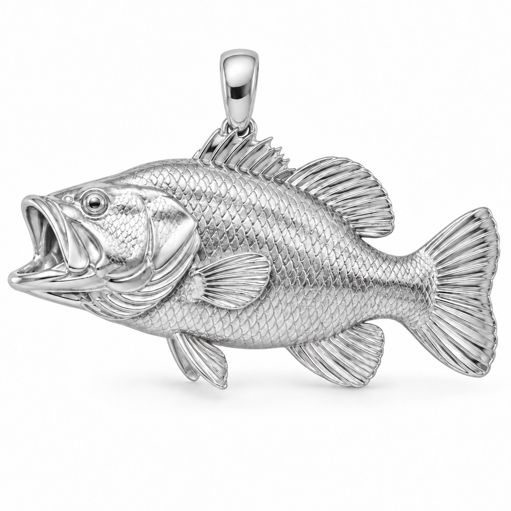 Largemouth bass pendant design render in high-polish white gold on white; pendant only.