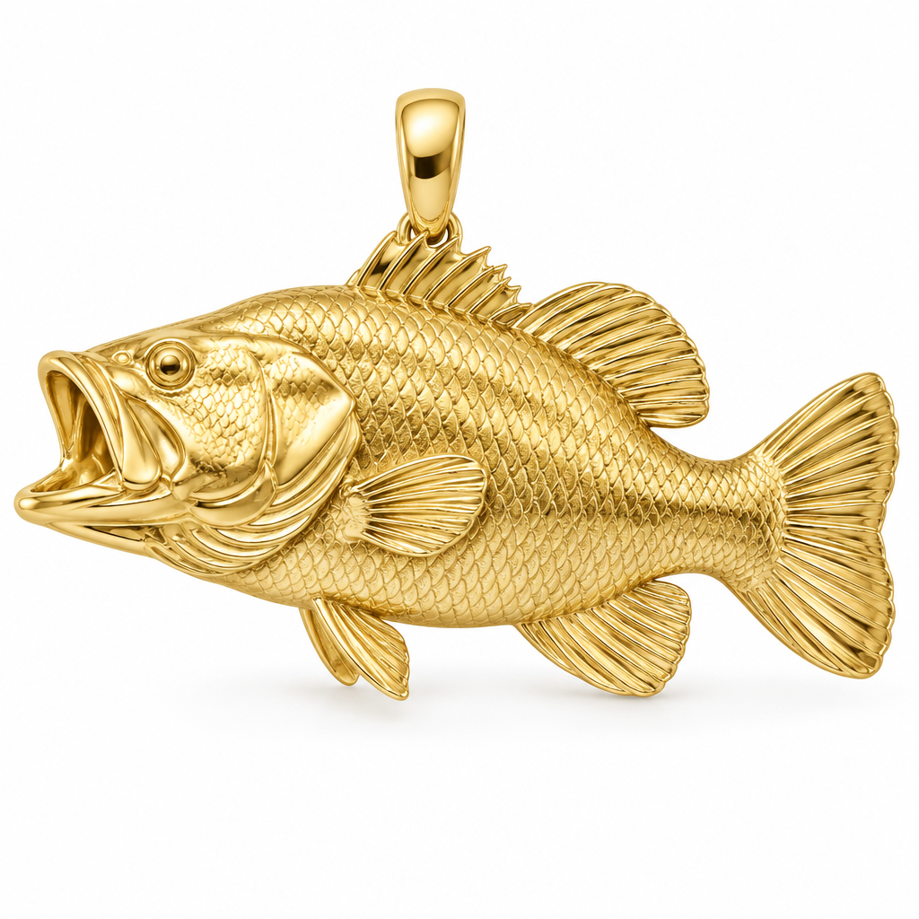 Largemouth bass pendant design render in polished yellow gold; pendant only.