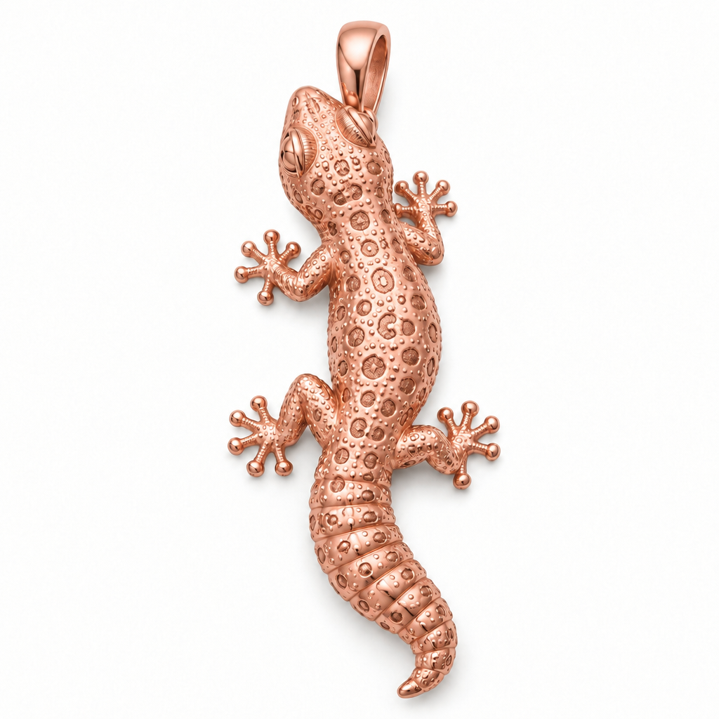 Leopard gecko pendant design render in high-polish rose gold on white; pendant only.