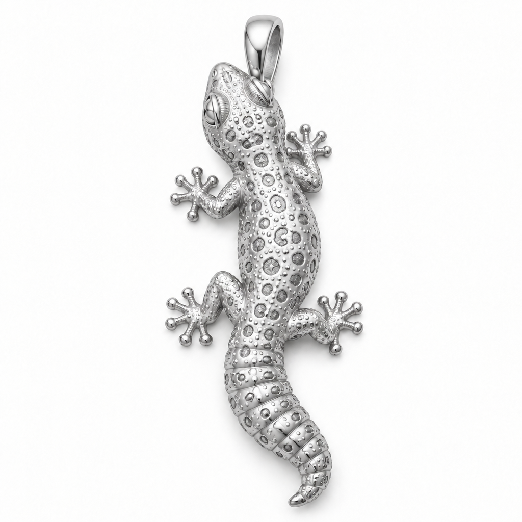 Leopard gecko pendant design render in high-polish white gold on white; pendant only.