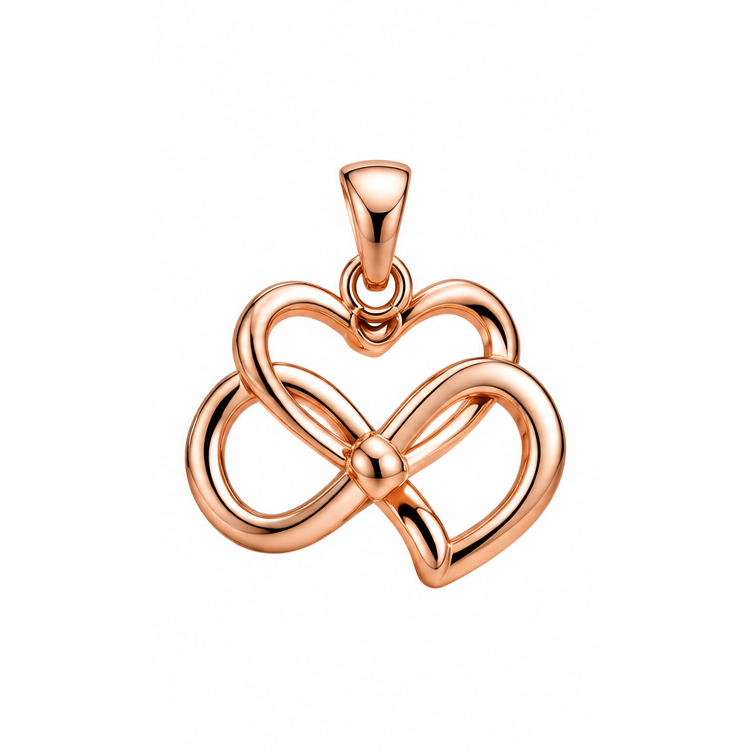 Love Never Ends stone-free interlocking infinity heart pendant in rose gold; illustrative render, pendant only.