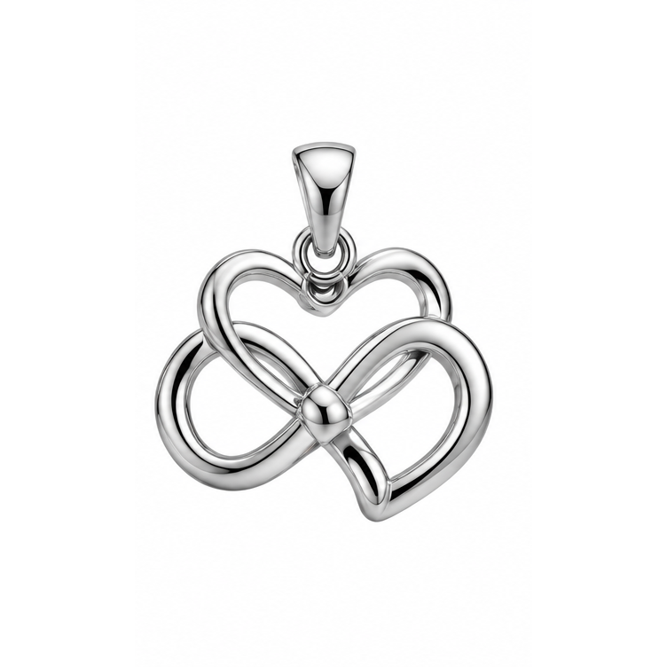 Love Never Ends stone-free interlocking infinity heart pendant in white gold; illustrative render, pendant only.