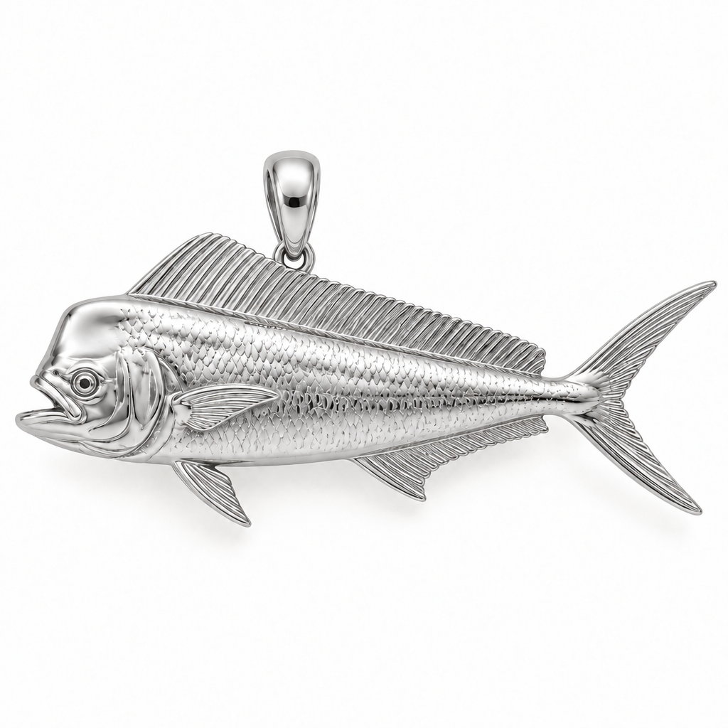 Mahi-mahi pendant design render in high-polish white gold on white; pendant only.