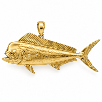 Mahi-mahi pendant design render in polished yellow gold; pendant only.