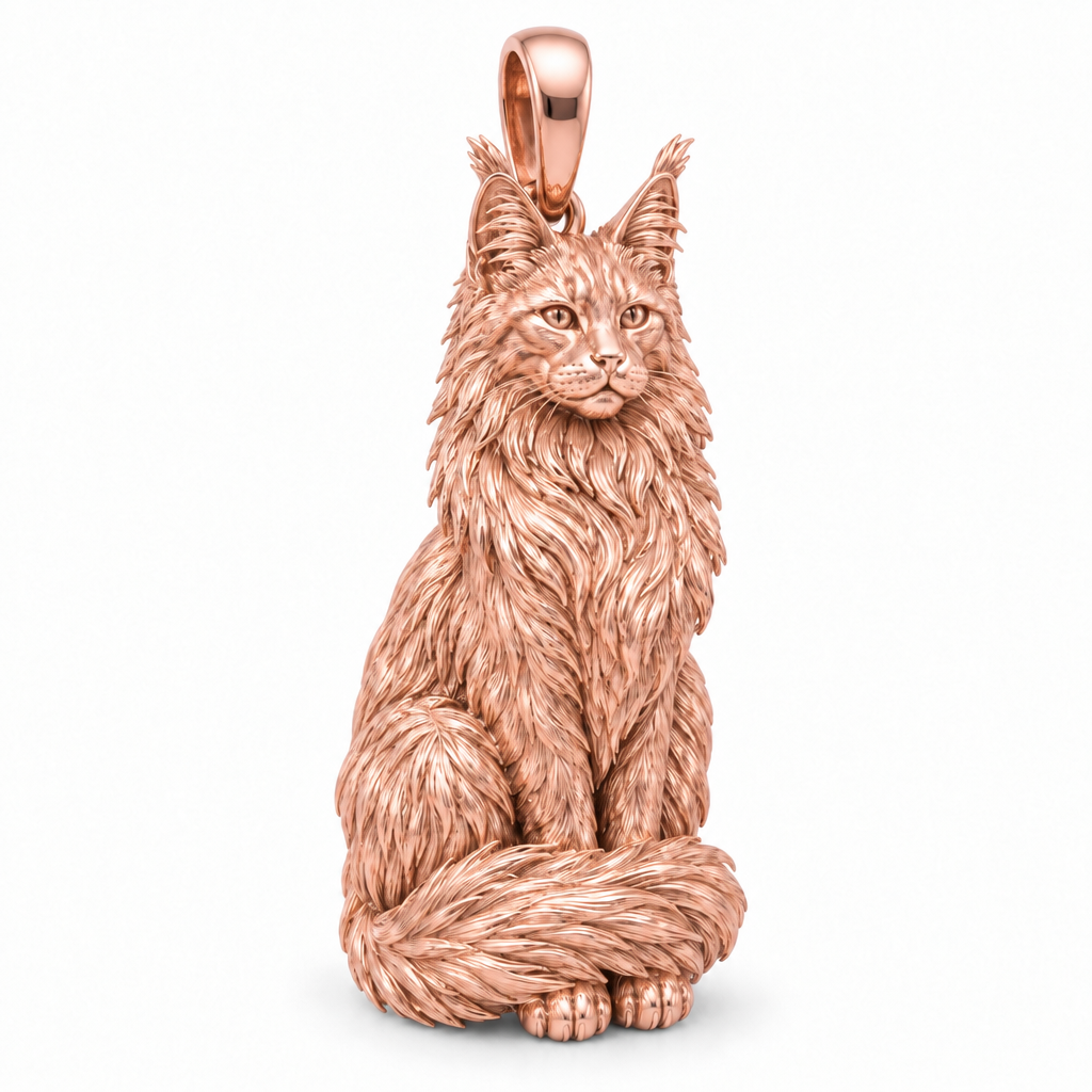 Maine coon cat pendant design render in high-polish rose gold on white; pendant only.