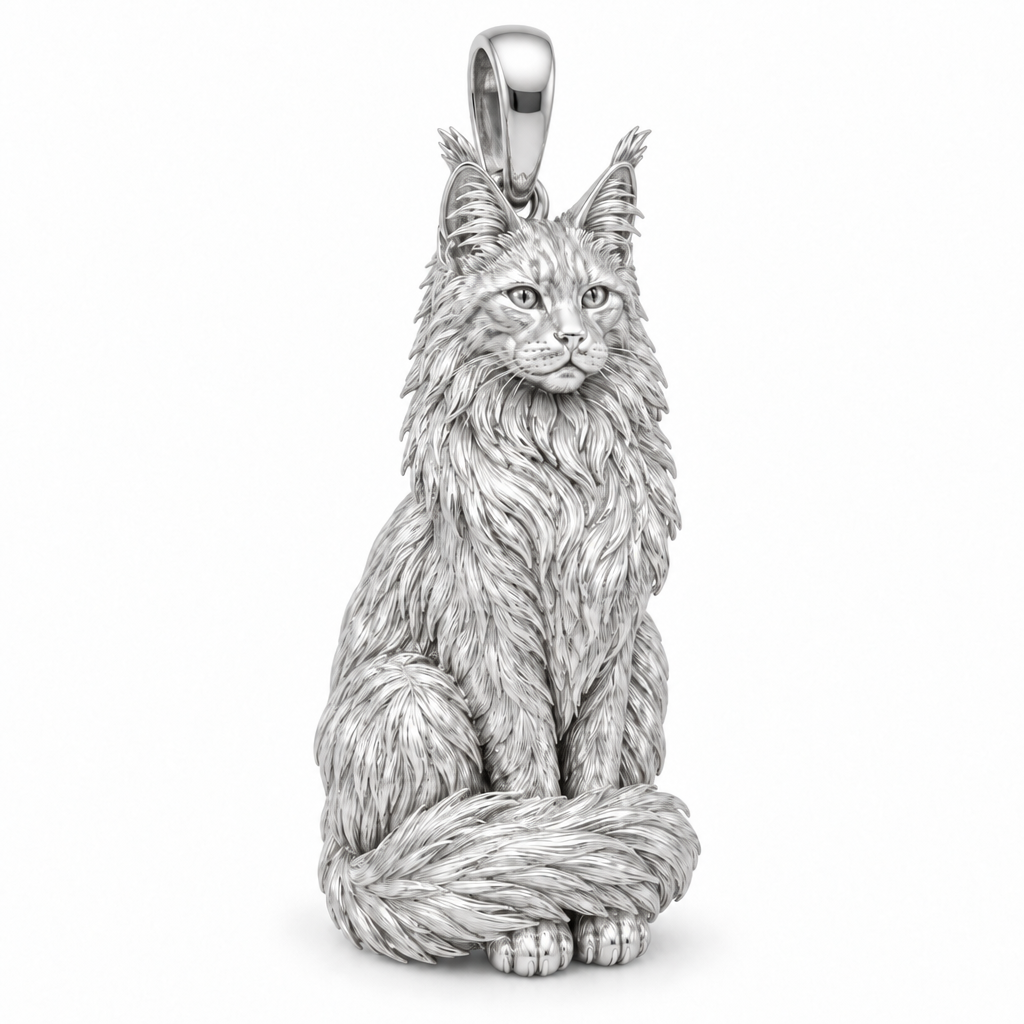 Maine coon cat pendant design render in high-polish white gold on white; pendant only.