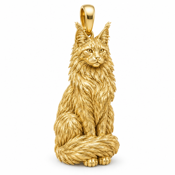Maine coon cat pendant design render in polished yellow gold; pendant only.