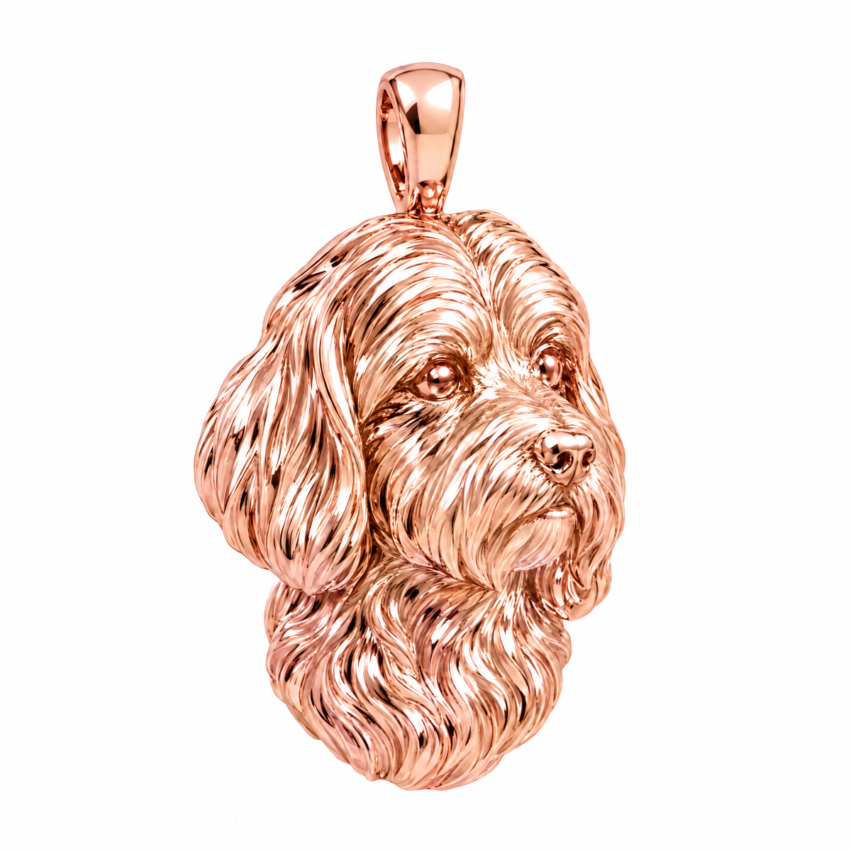 Maltese high-polish rose gold dog pendant, product render on white.