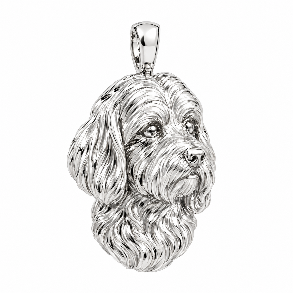Maltese high-polish white gold dog pendant, product render on white.