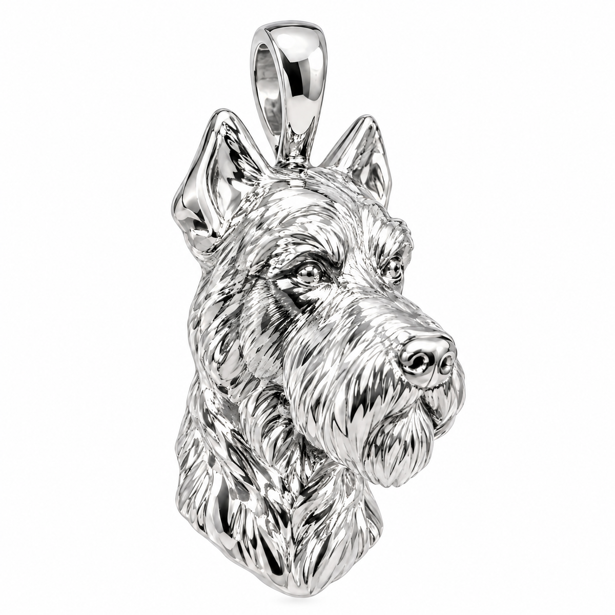 Miniature Schnauzer high-polish white gold dog pendant, product render on white.
