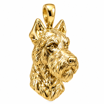 Miniature Schnauzer high-polish yellow gold dog pendant, product render on white.