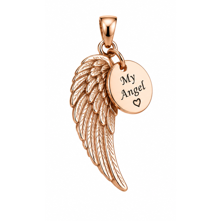 My Angel single feathered wing and engraved round charm pendant in rose gold; illustrative render, pendant only.