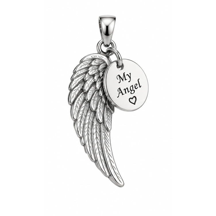 My Angel single feathered wing and engraved round charm pendant in white gold; illustrative render, pendant only.