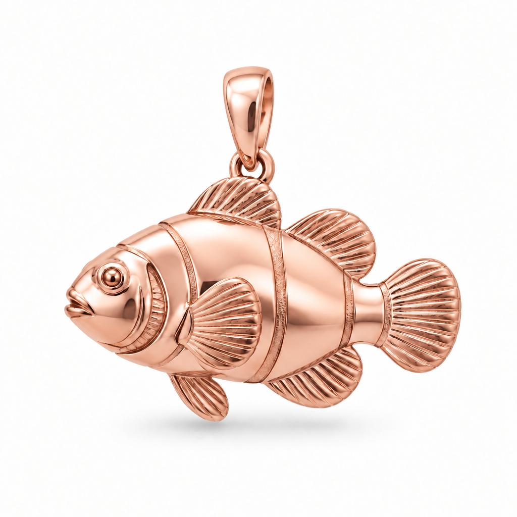 Ocellaris clownfish pendant design render in high-polish rose gold on white; pendant only.