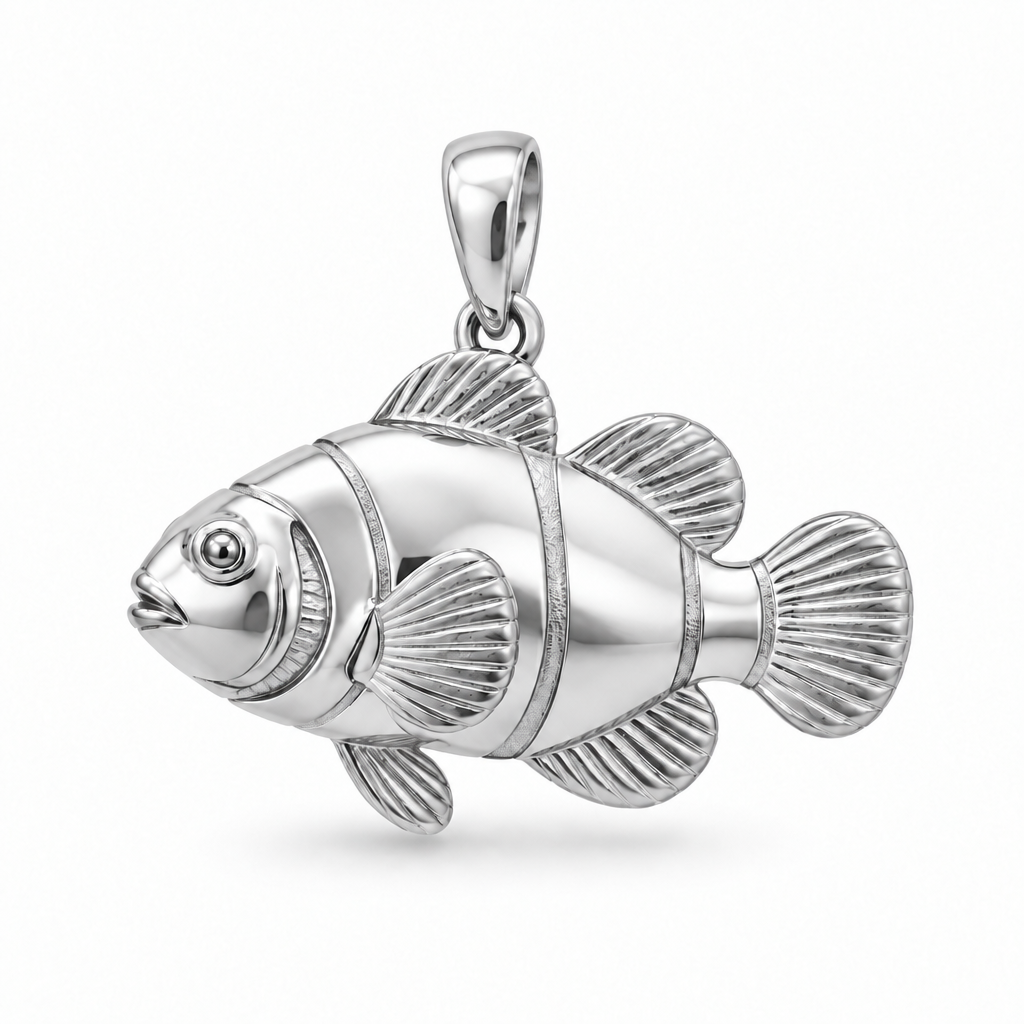 Ocellaris clownfish pendant design render in high-polish white gold on white; pendant only.