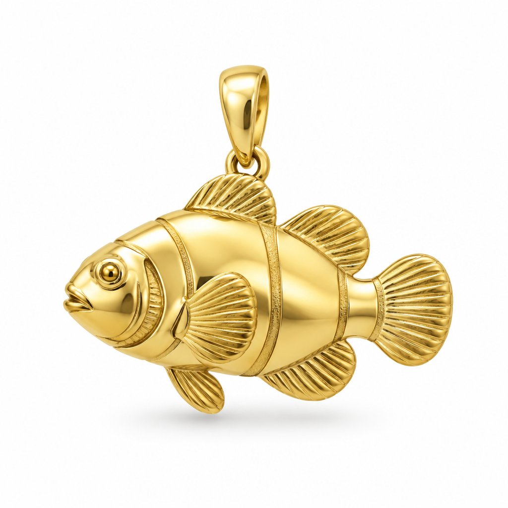 Ocellaris clownfish pendant design render in high-polish yellow gold on white; pendant only, no enamel.