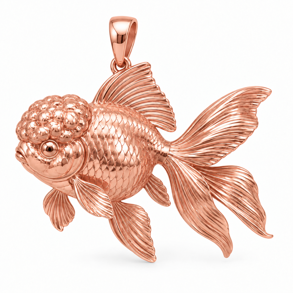 Oranda goldfish pendant design render in high-polish rose gold on white; pendant only.