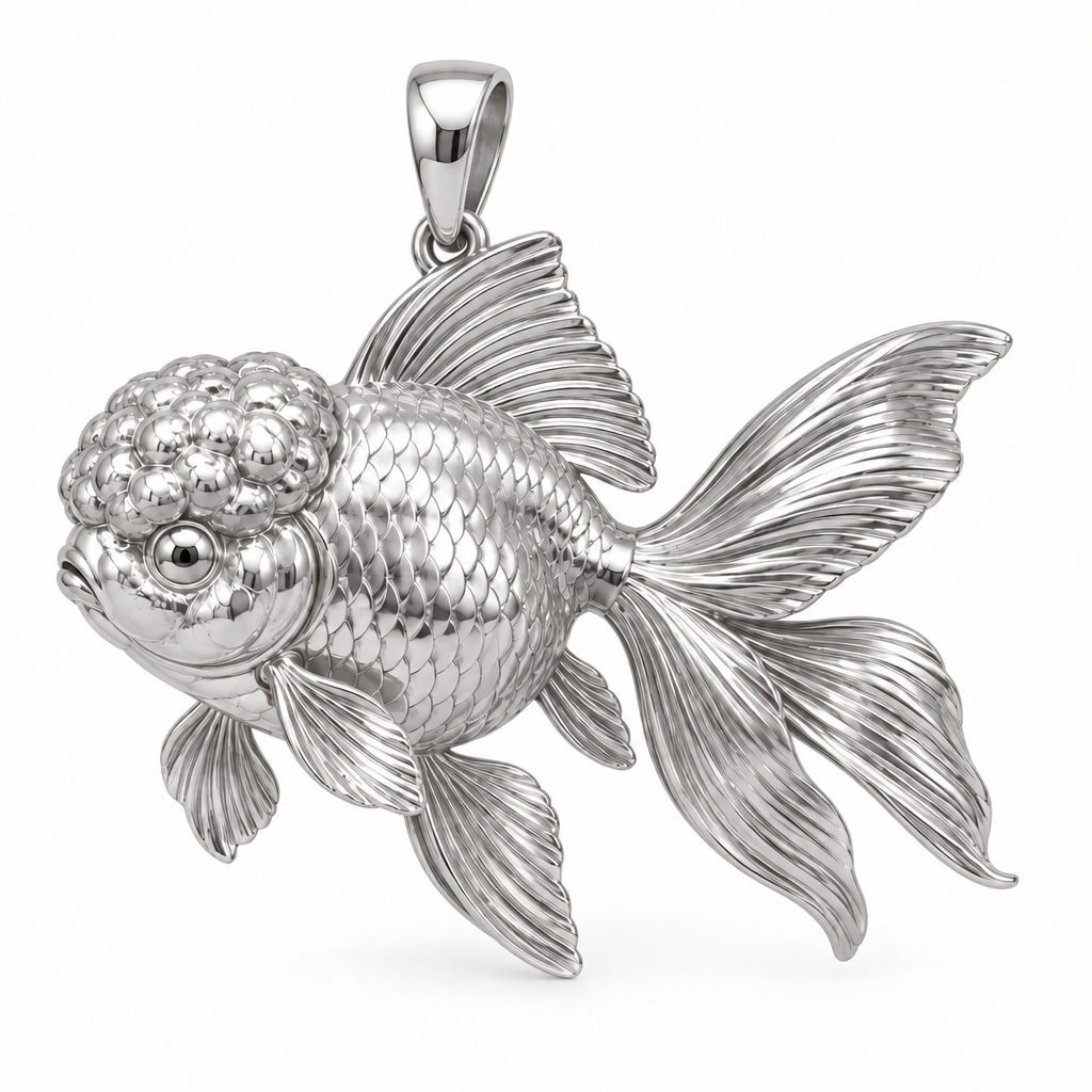 Oranda goldfish pendant design render in high-polish white gold on white; pendant only.