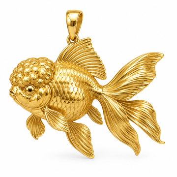 Oranda goldfish pendant design render in high-polish yellow gold on white; pendant only.